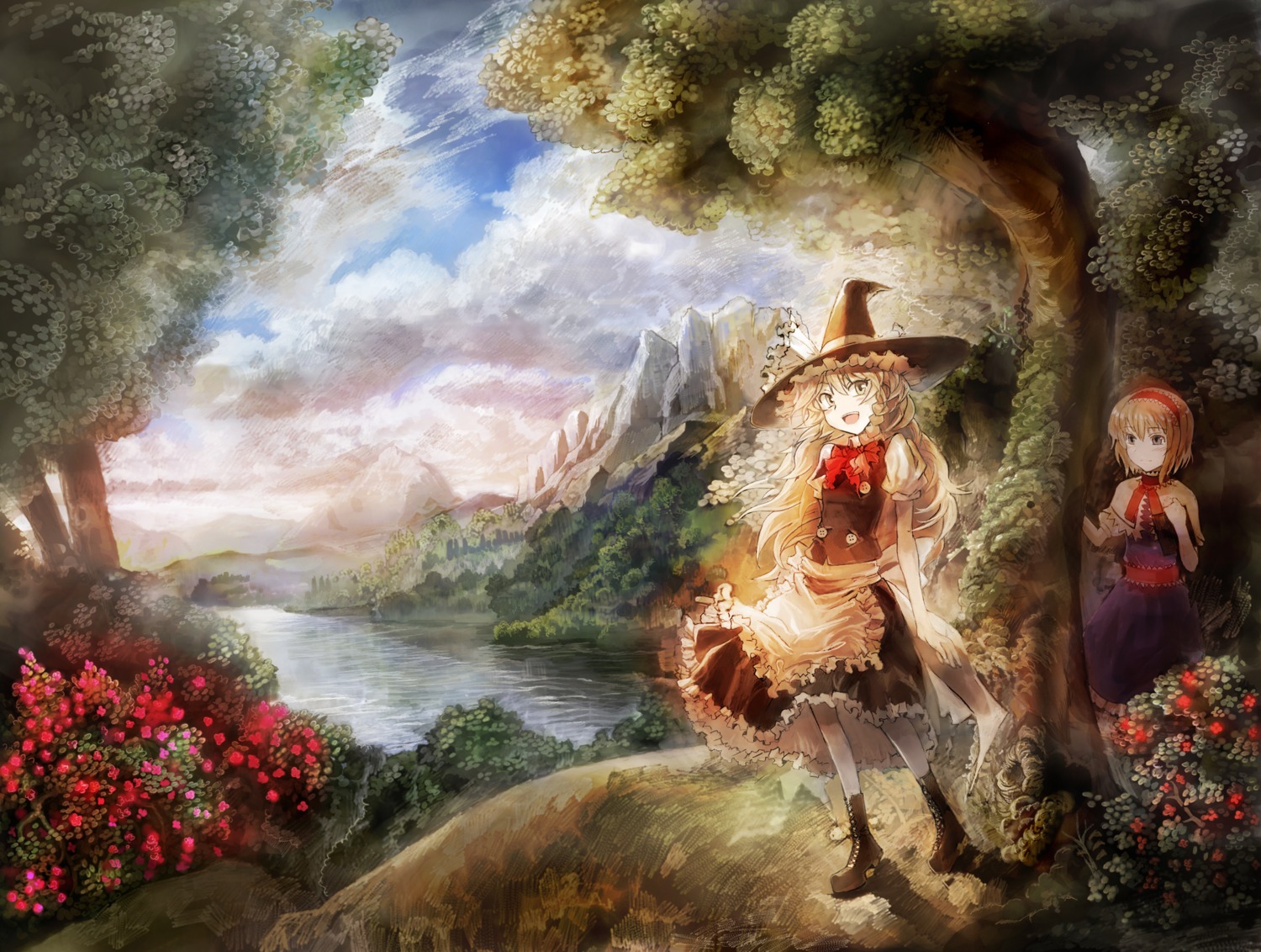alice_margatroid, asuka_(moto), kirisame_marisa, landscape, touhou