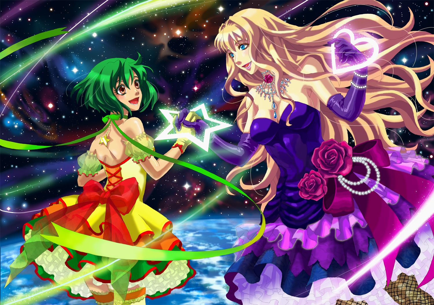 dress, emi_(penguin908), macross, macross_frontier, ranka_lee, sheryl_nome, thighhighs