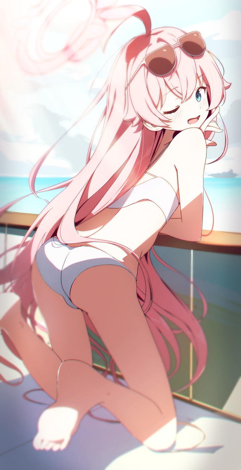 ass, bikini, blue_archive, feet, halo, liyom, megane, swimsuits