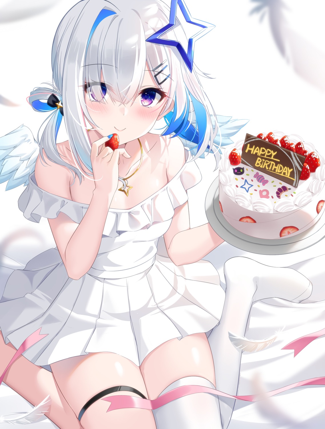 amane_kanata, angel, benchen06, garter, hololive, no_bra, thighhighs, wings