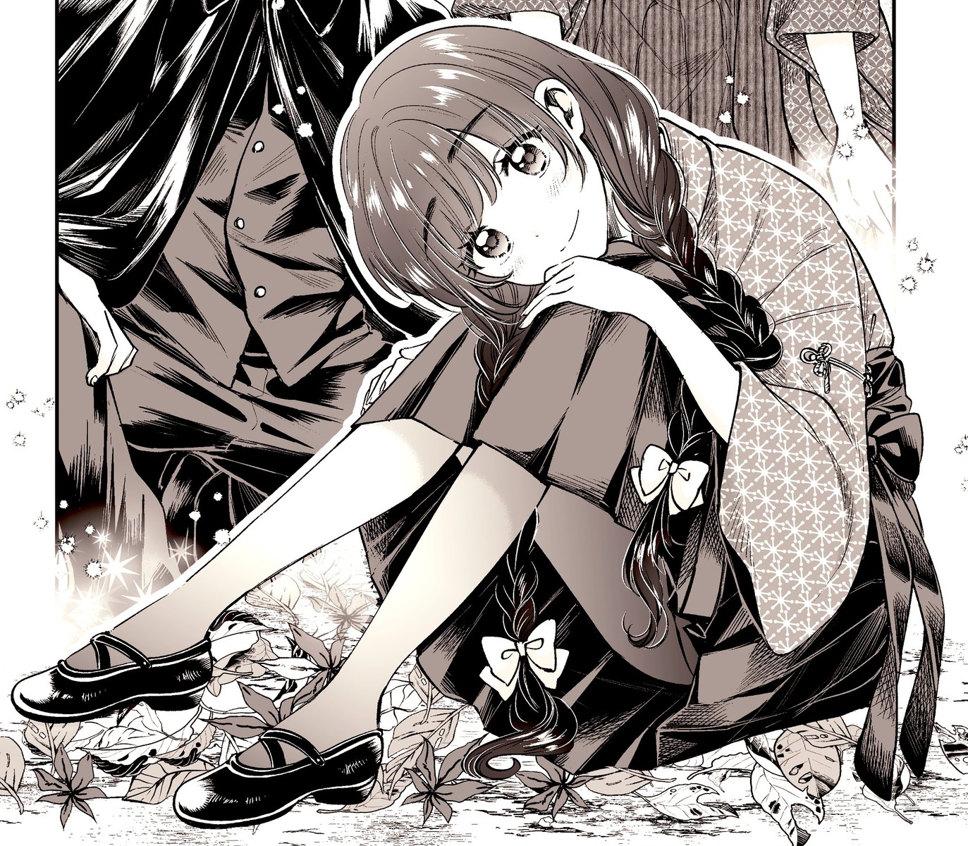 fuufu_ijou_koibito_miman, japanese_clothes, kanamaru_yuki, monochrome, sakurazaka_shiori