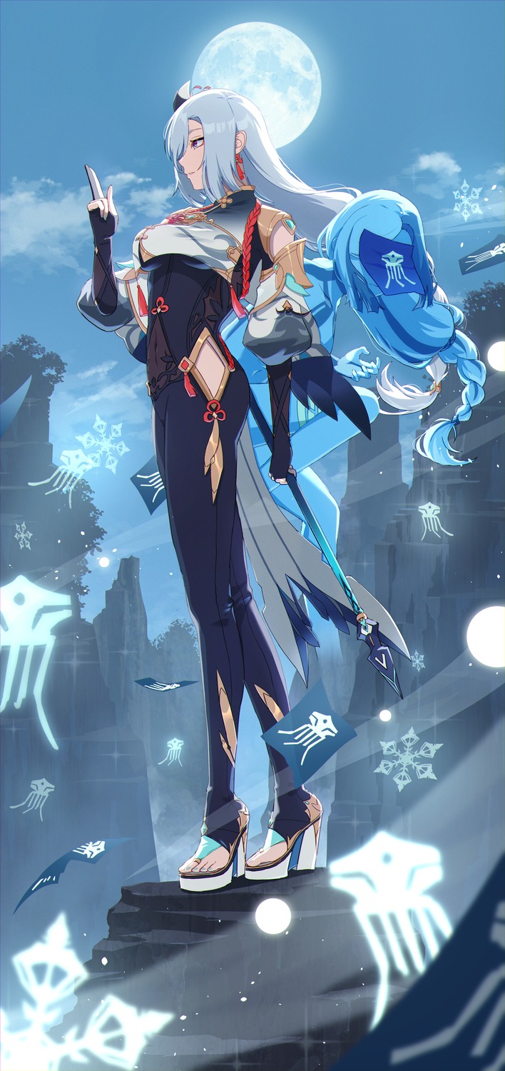 asian_clothes, bodysuit, genshin_impact, heels, shenhe, weapon, yanagino_(yanagino3)