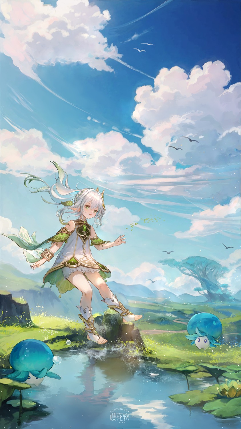 bloomers, dress, genshin_impact, landscape, nahida, pointy_ears, yinghuahua