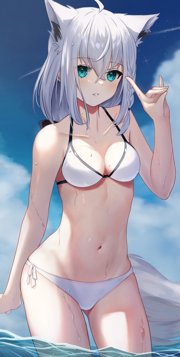 animal_ears, bikini, hololive, hololive_gamers, kitsune, shirakami_fubuki, swimsuits, tail, tataki_worker
