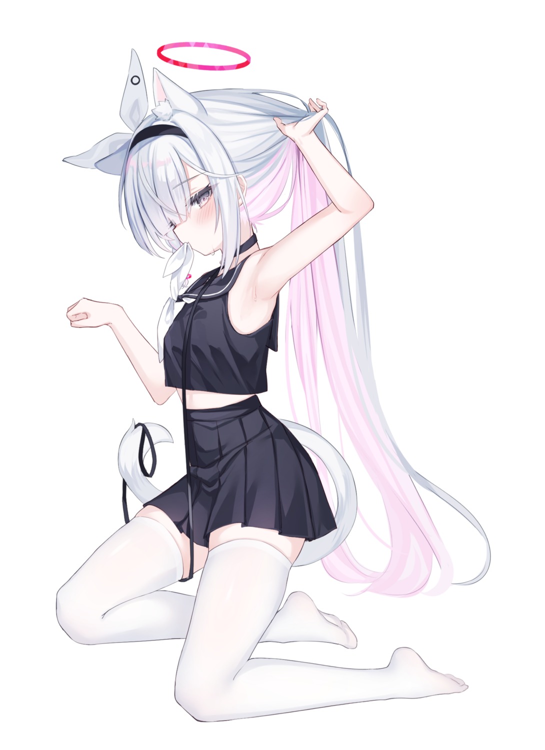 animal_ears, arona_(blue_archive), blue_archive, halo, nekomimi, plana_(blue_archive), seifuku, shirt_lift