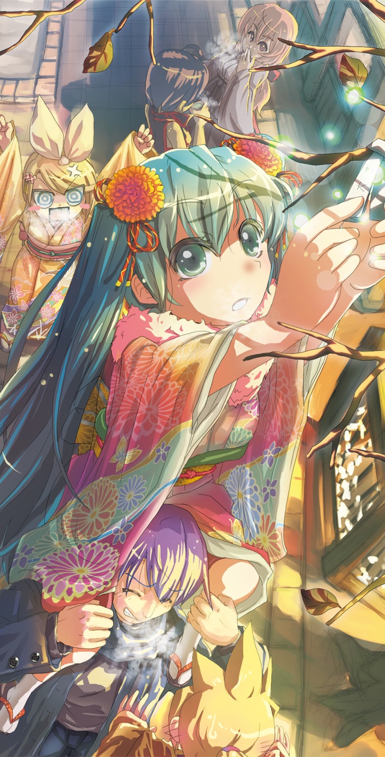 hatsune_miku, japanese_clothes, k2pudding, kagamine_len, kagamine_rin, kaito, kimono, megurine_luka