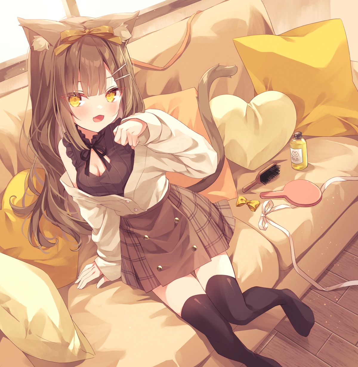 animal_ears, cleavage, hoshi, kohaku_(hoshi), nekomimi, tail, thighhighs