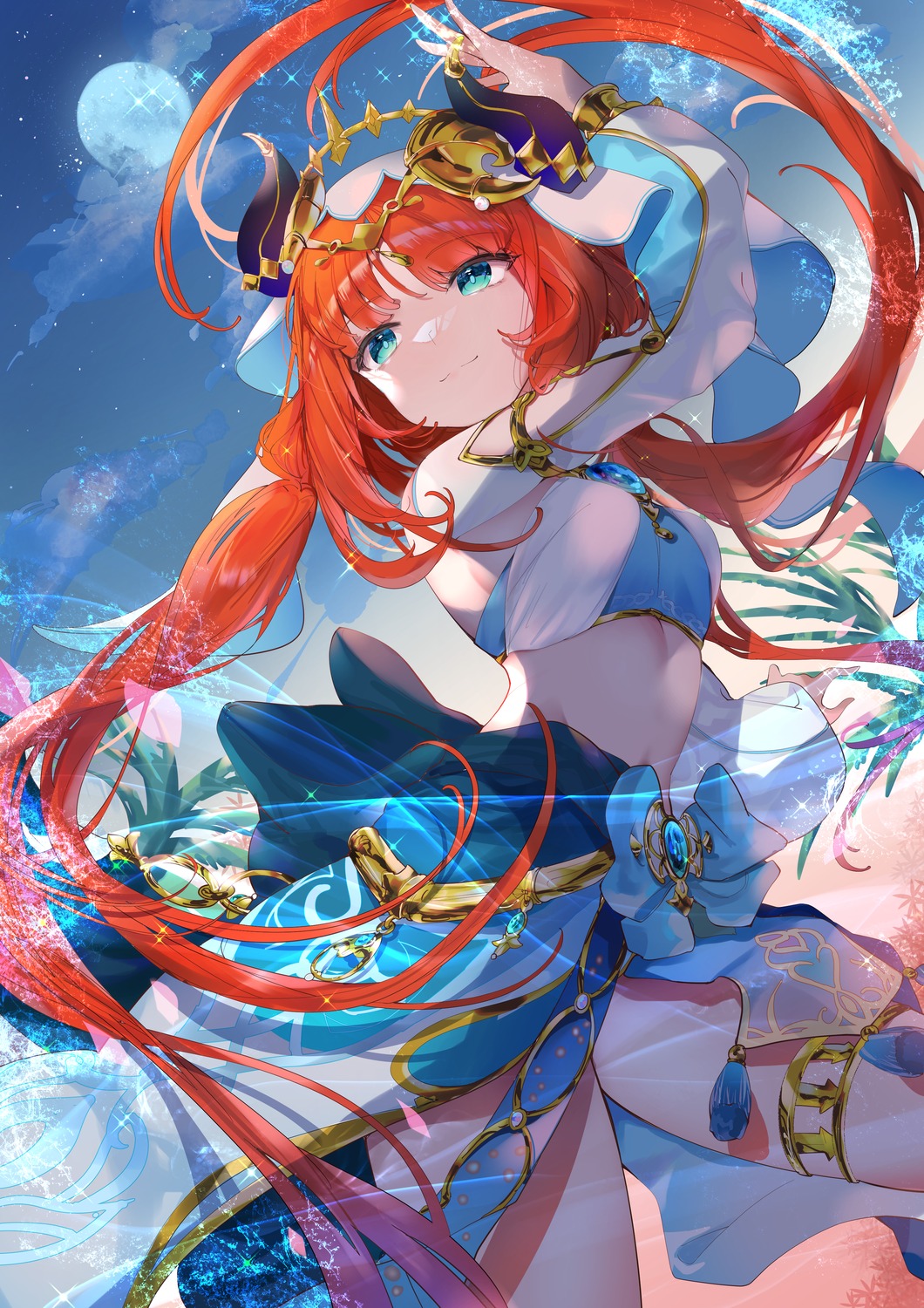 garter, genshin_impact, hieno_hiro, horns, nilou, no_bra