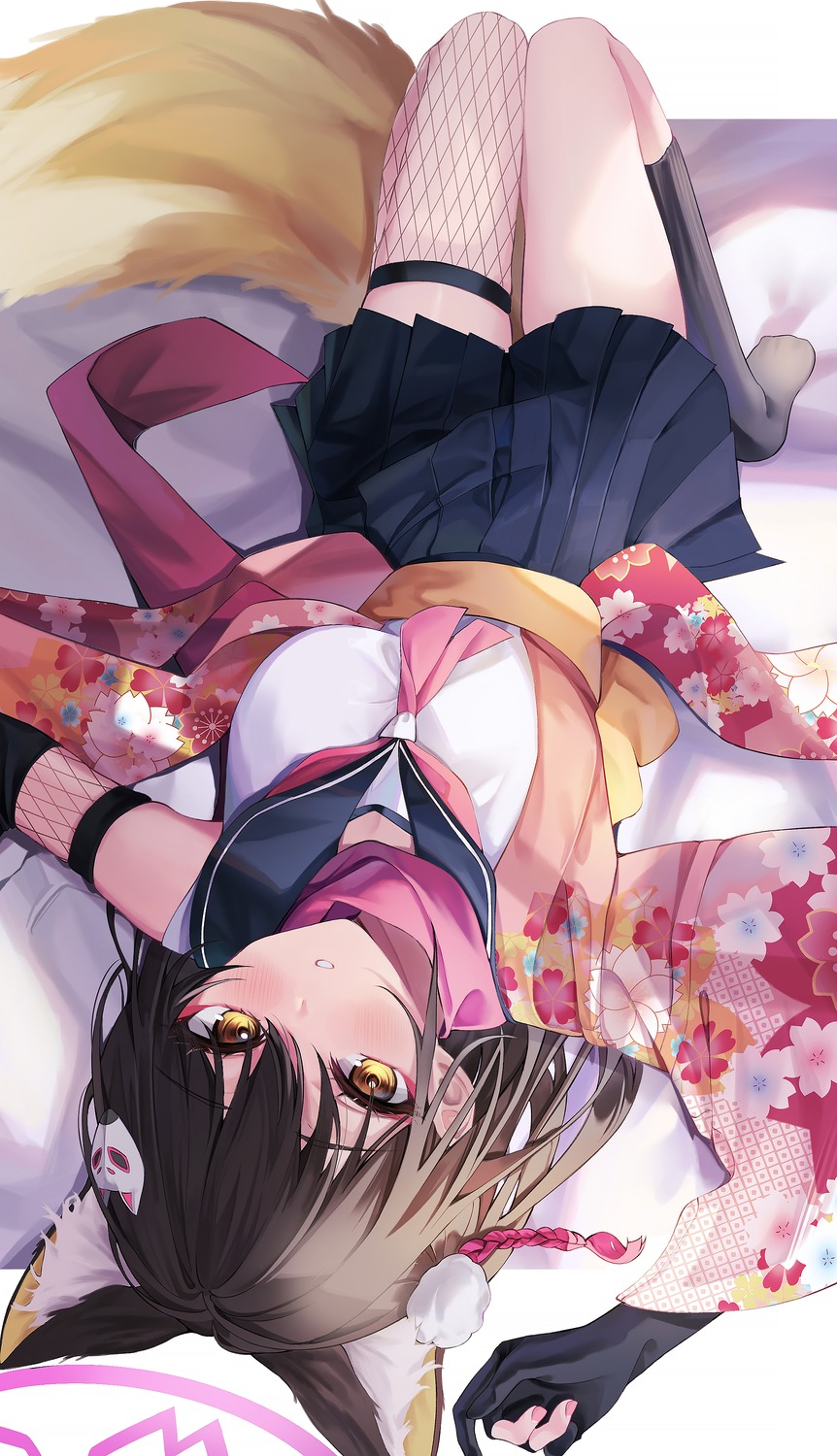 animal_ears, blue_archive, fishnets, halo, japanese_clothes, kitsune, kuda_izuna, rosu_1109