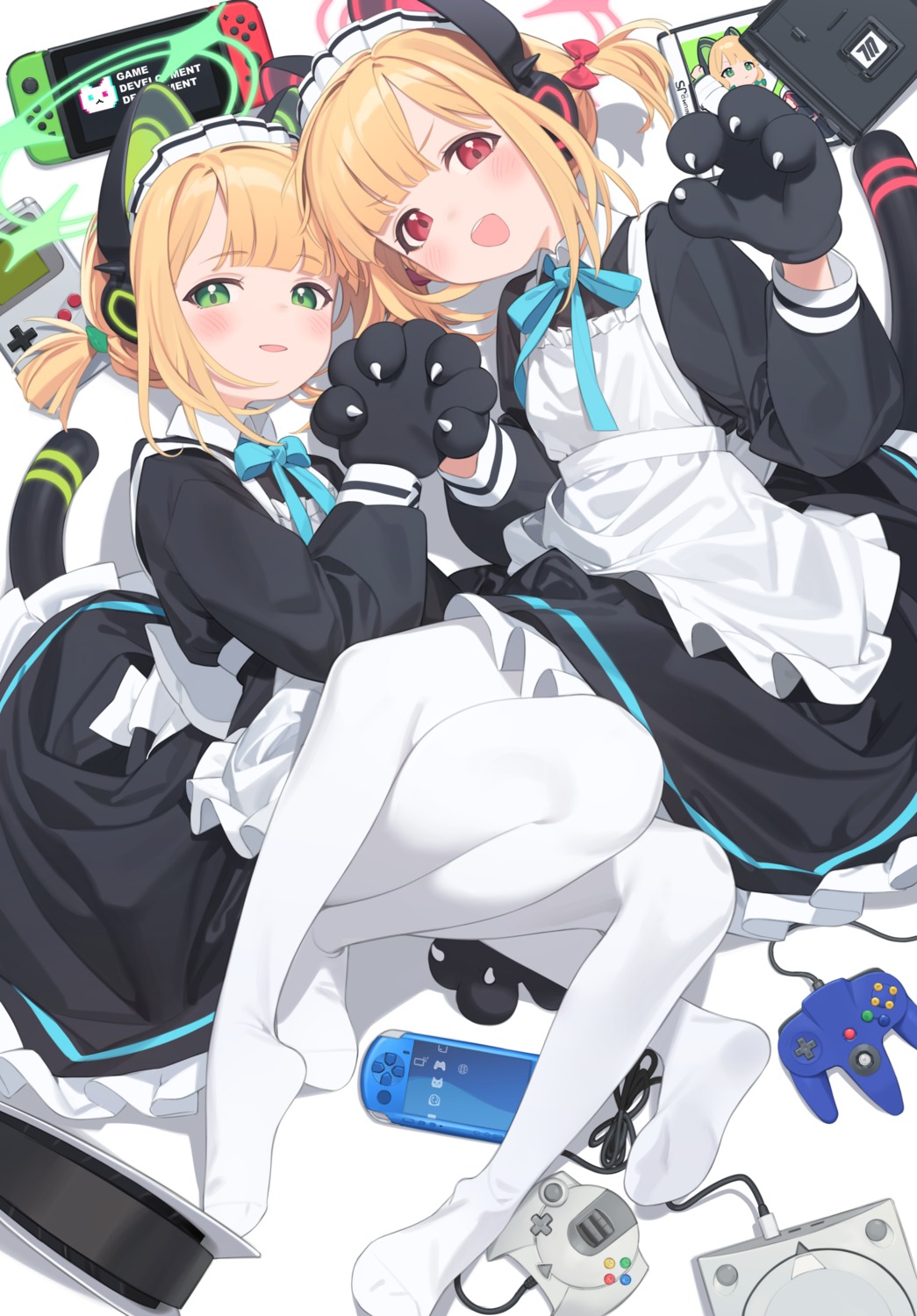 animal_ears, blue_archive, halo, headphones, kaniman, maid, nekomimi, pantyhose, saiba_midori, saiba_momoi, tail