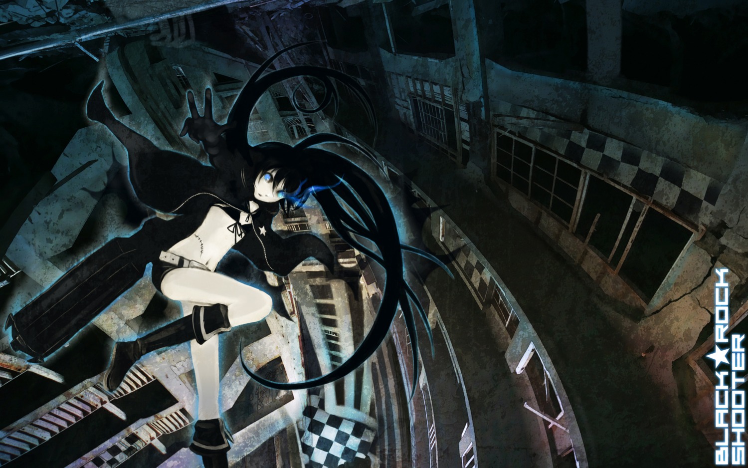 bikini_top, black_rock_shooter, black_rock_shooter_(character), gun, modama, swimsuits, vocaloid, wallpaper
