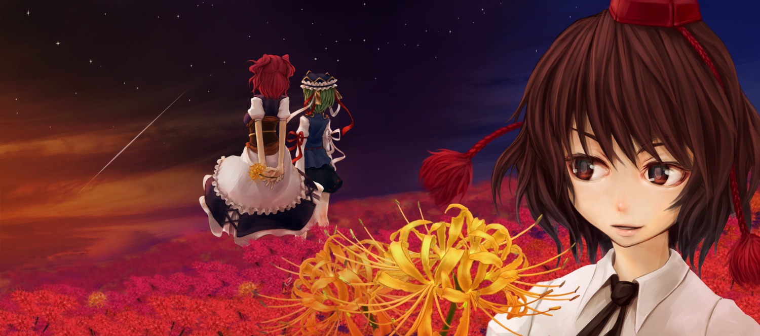 dress, landscape, modama, onozuka_komachi, shameimaru_aya, shikieiki_yamaxanadu, touhou