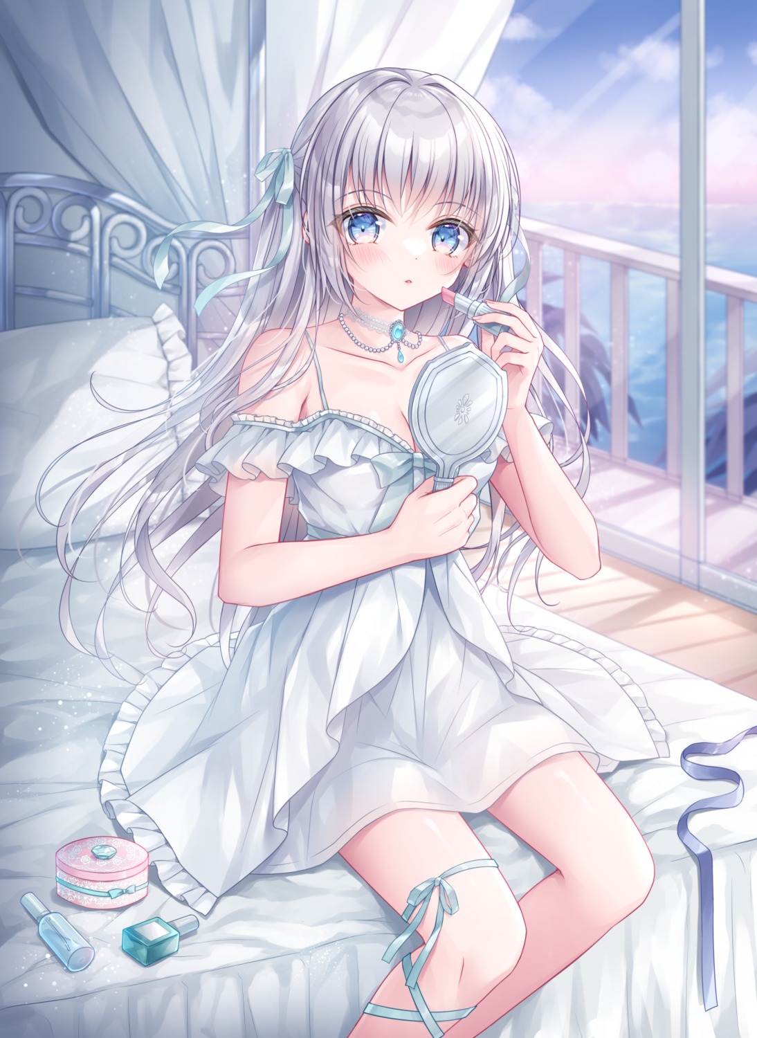artist_revision, cleavage, dress, garter, kohinata_hoshimi, no_bra