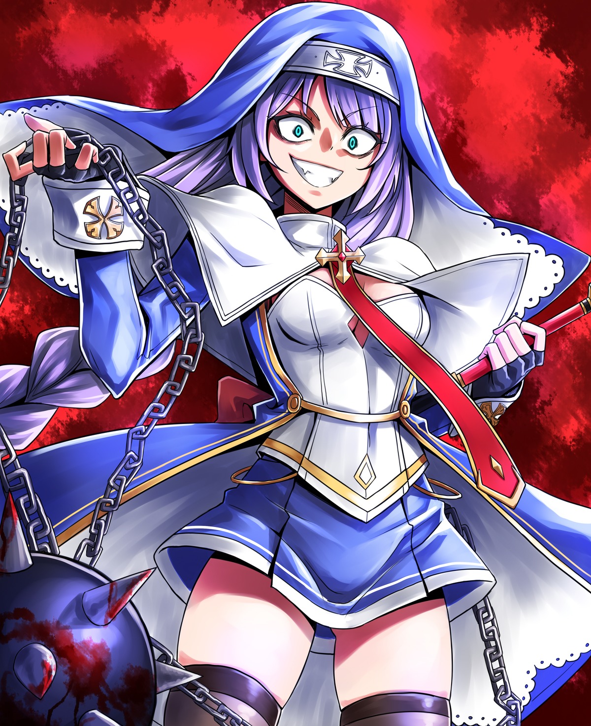 blood, clarissa_(epic7), epic7, karadborg, nun, thighhighs, weapon