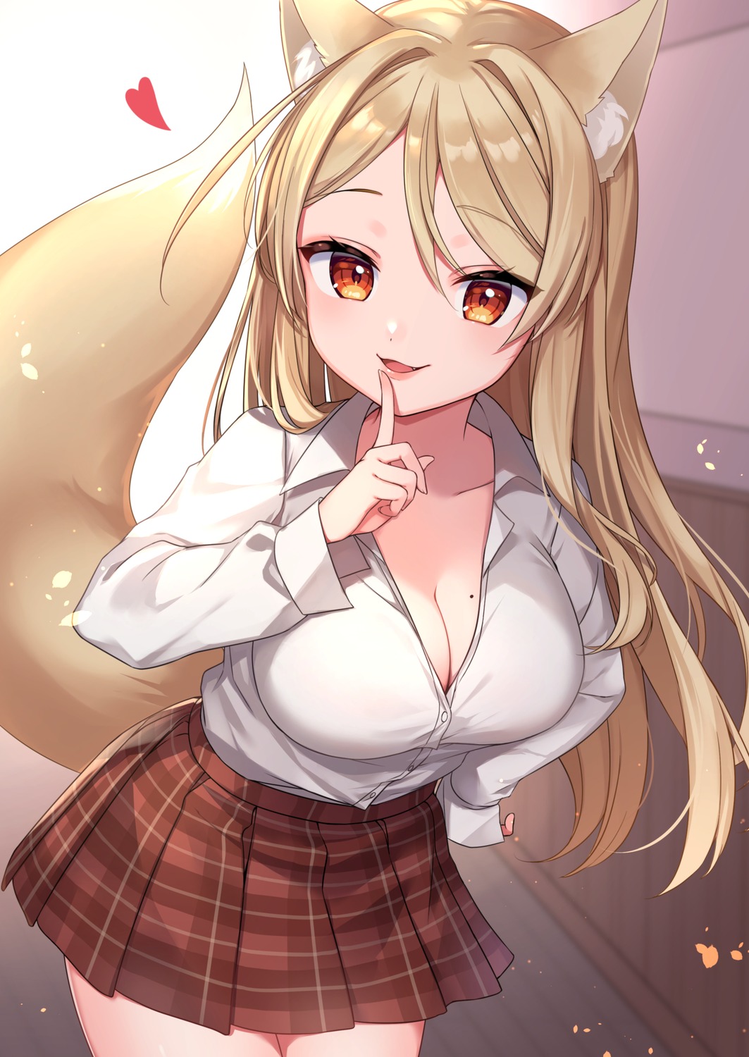 animal_ears, cleavage, kawagami_raito, kitsune, open_shirt, seifuku, tail