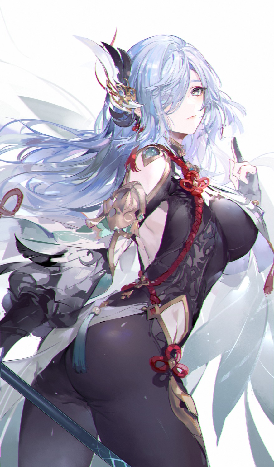 asian_clothes, ass, bodysuit, genshin_impact, nevakuma_(fanfanas), shenhe, weapon