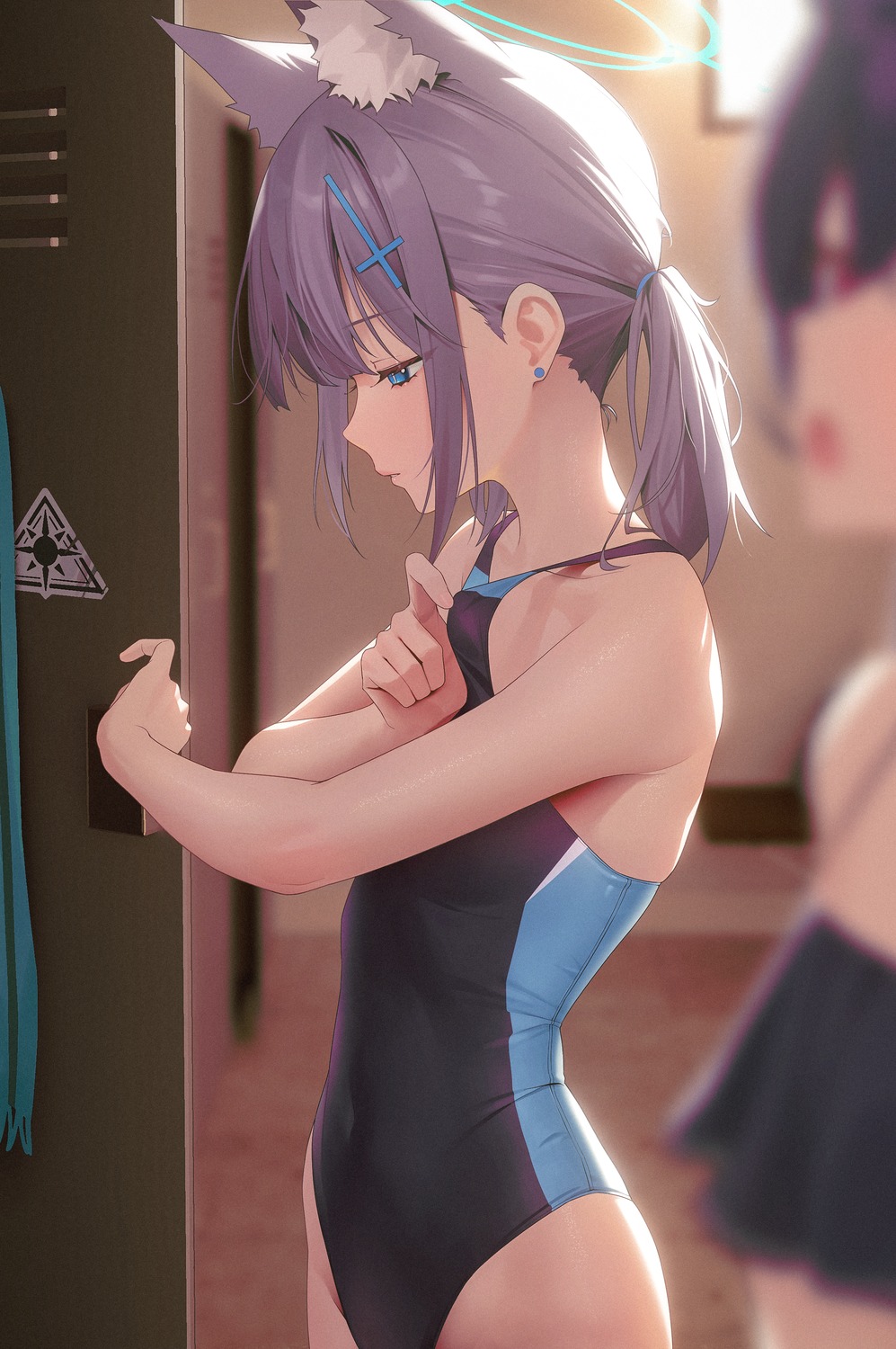 animal_ears, aya_(lezon), blue_archive, halo, kuromi_serika, nekomimi, sunaookami_shiroko, swimsuits, undressing