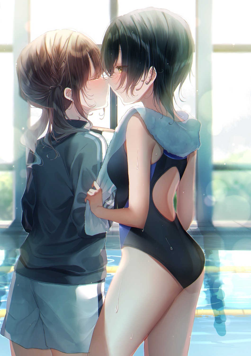 ass, gym_uniform, swimsuits, touki_matsuri, towel, wet, yuri