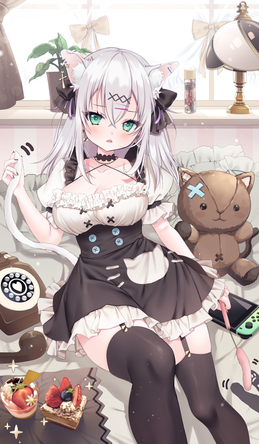 animal_ears, cleavage, nekomimi, no_bra, stockings, tail, thighhighs, yoruhoshi_owl