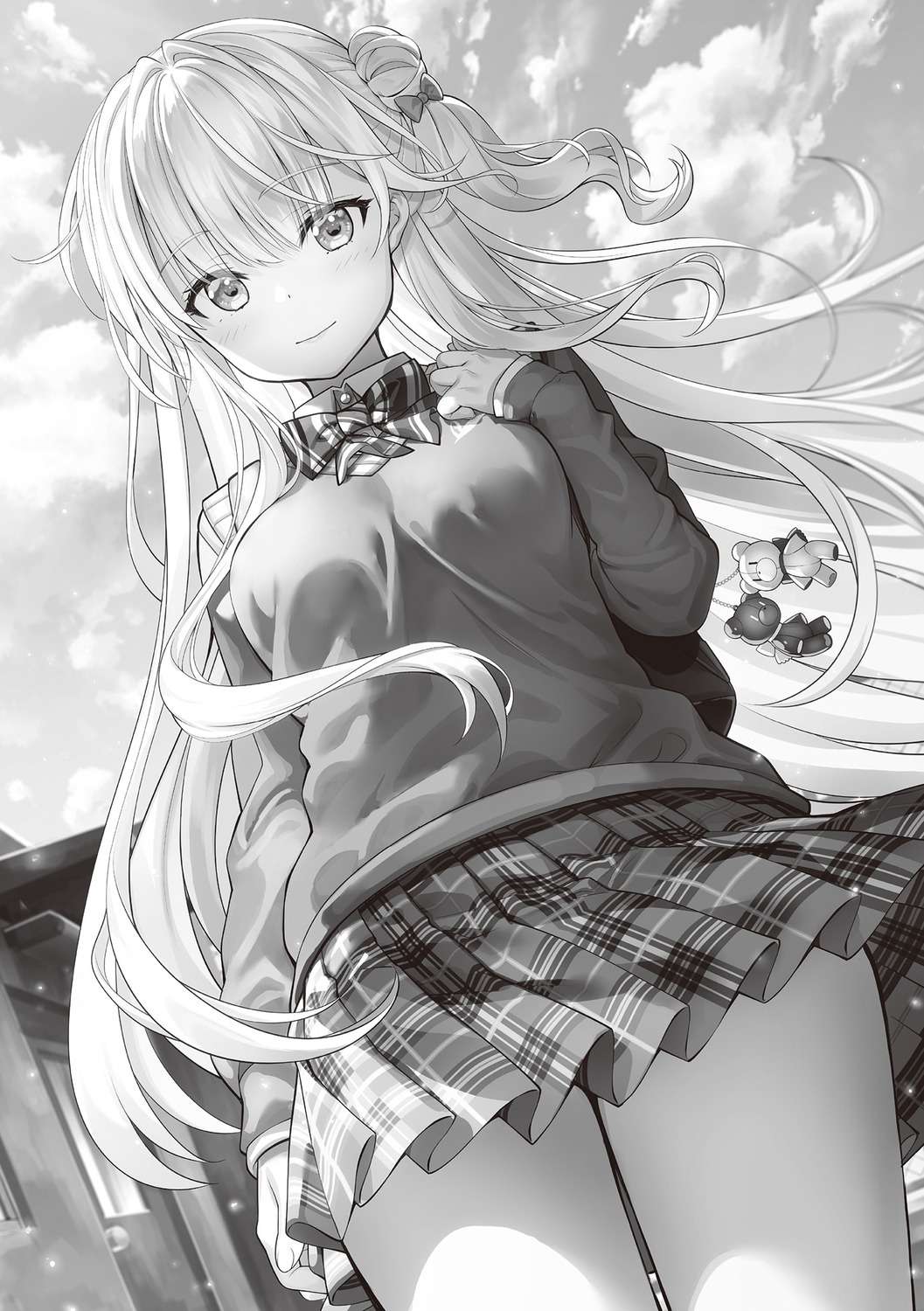 bokura_no_haru_wa_inazuma_no_you_ni, fujima_takuya, monochrome, seifuku, shirakawa_hakua, skirt_lift, sweater