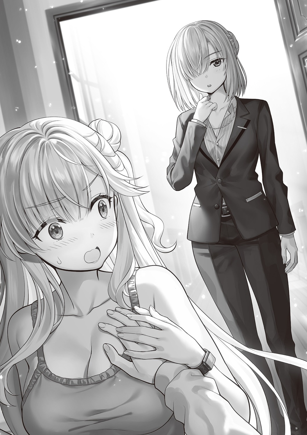 bokura_no_haru_wa_inazuma_no_you_ni, business_suit, cleavage, fujima_takuya, monochrome, shirakawa_hakua