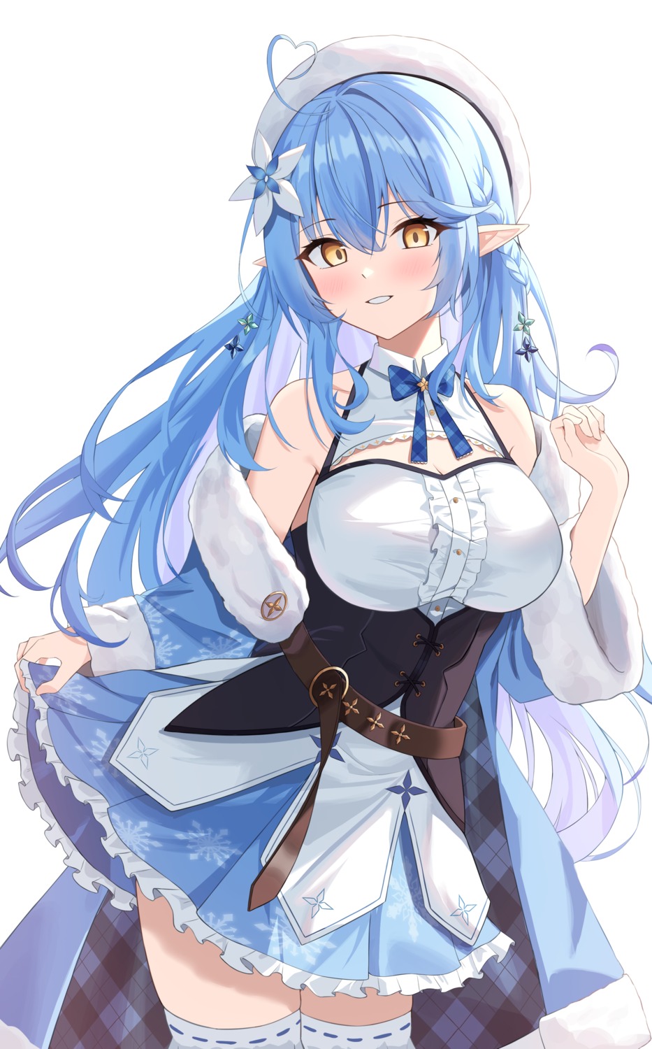 elf, hololive, pointy_ears, rahy, skirt_lift, thighhighs, yukihana_lamy