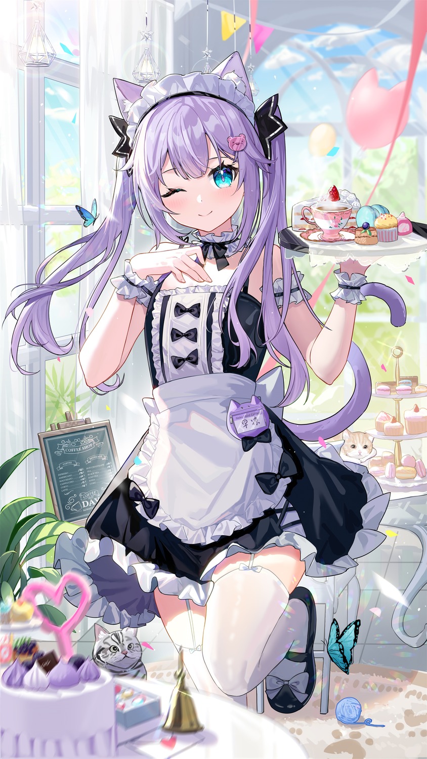 animal_ears, maid, nekomimi, stockings, tail, thighhighs, waitress, yukizawa_xueze