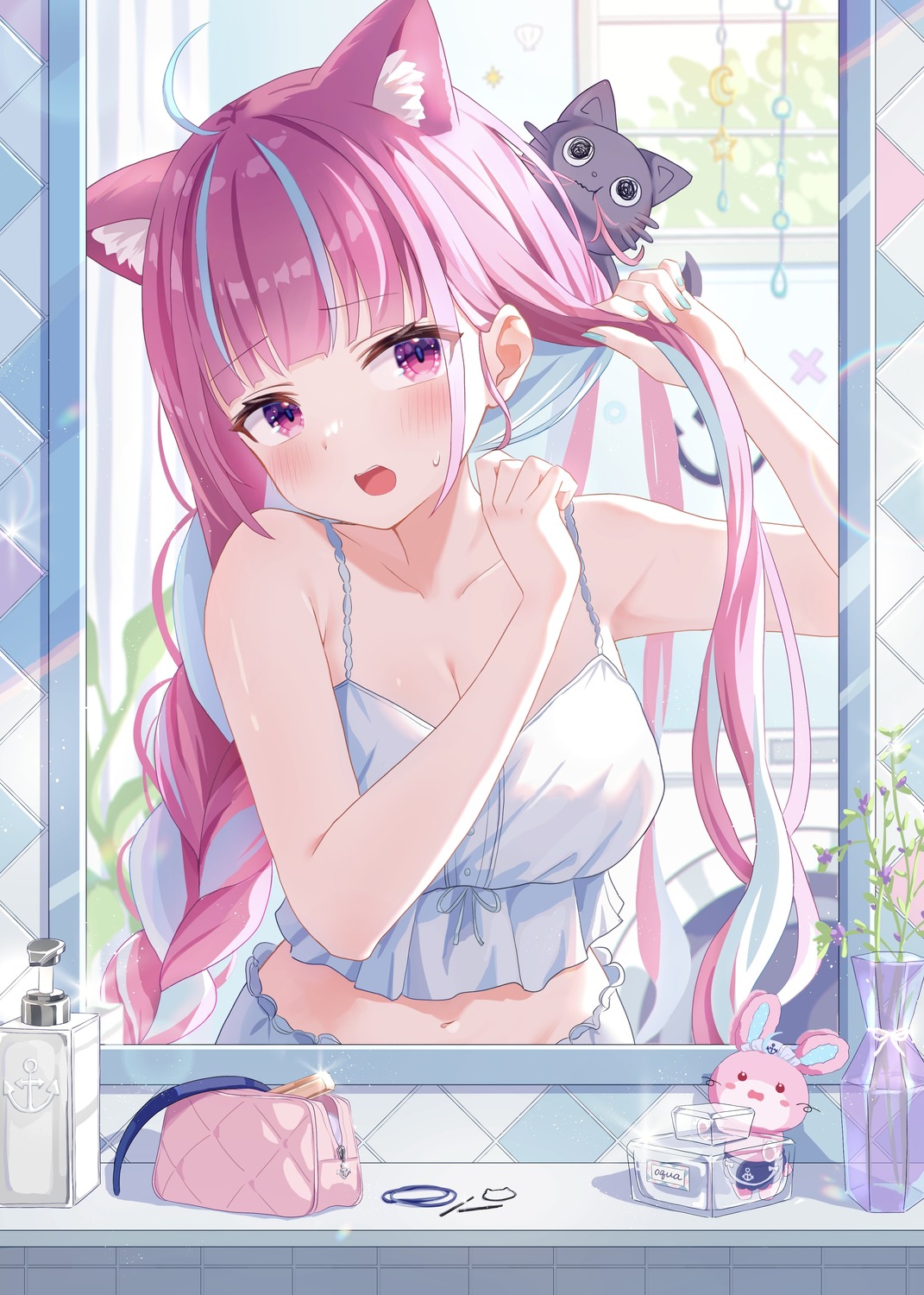 animal_ears, cleavage, hololive, lingerie, mei_am0, minato_aqua, neko, nekomimi
