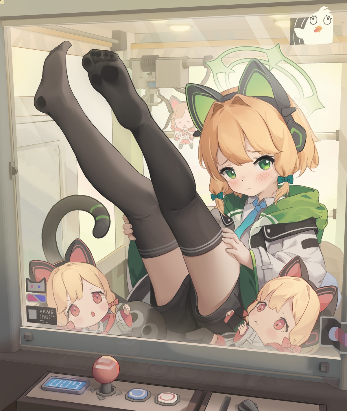 animal_ears, blue_archive, chibi, feet, halo, headphones, nekomimi, saiba_midori, saiba_momoi, shijiuuuuuuu, tail, thighhighs