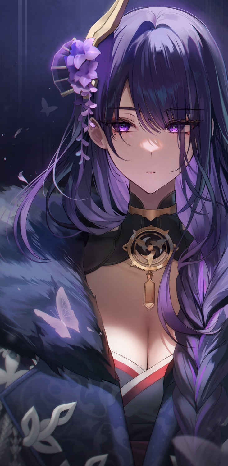 cleavage, genshin_impact, japanese_clothes, miltea, no_bra, raiden_shogun