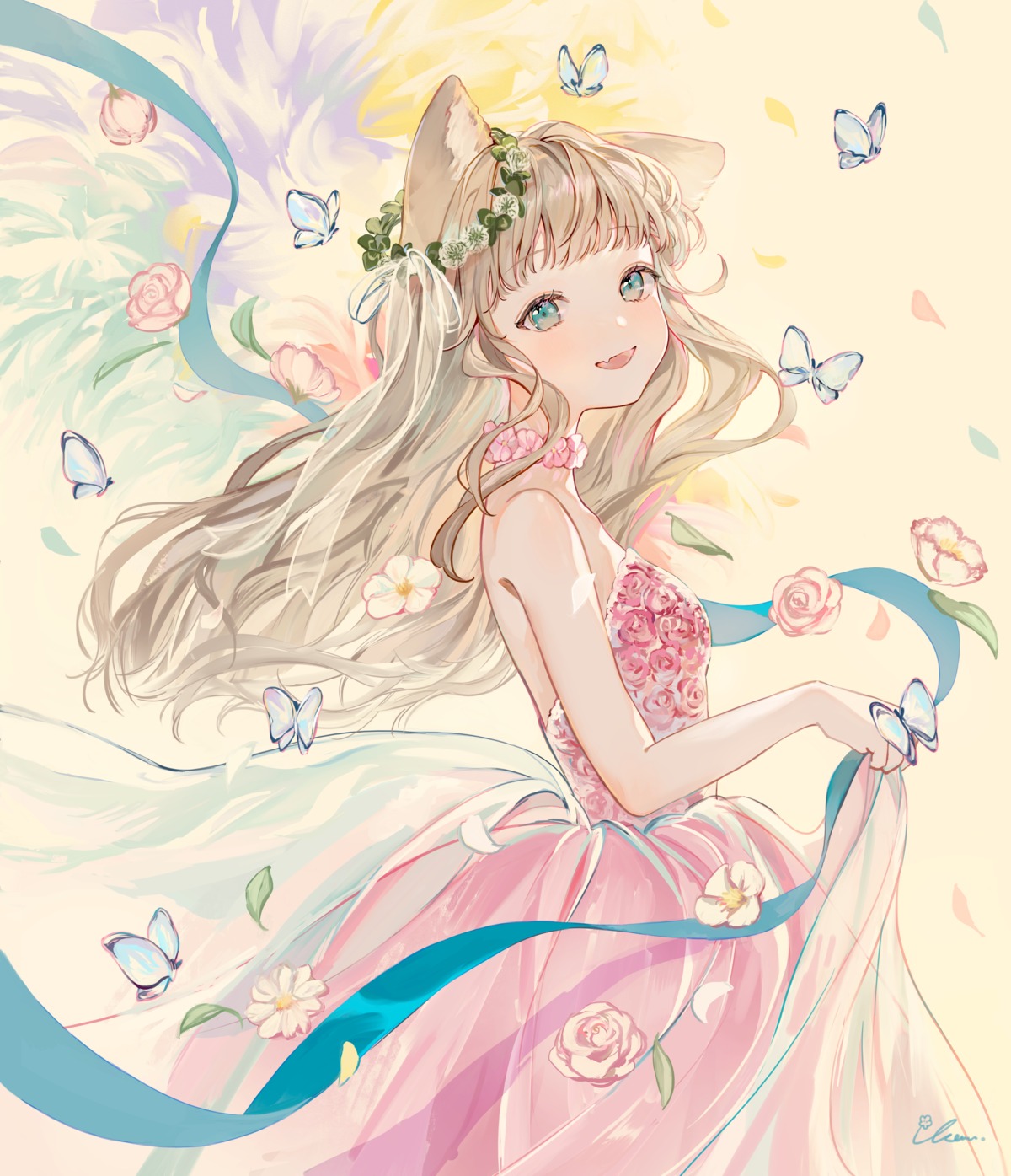 animal_ears, dress, ikoan, nekomimi, no_bra, skirt_lift
