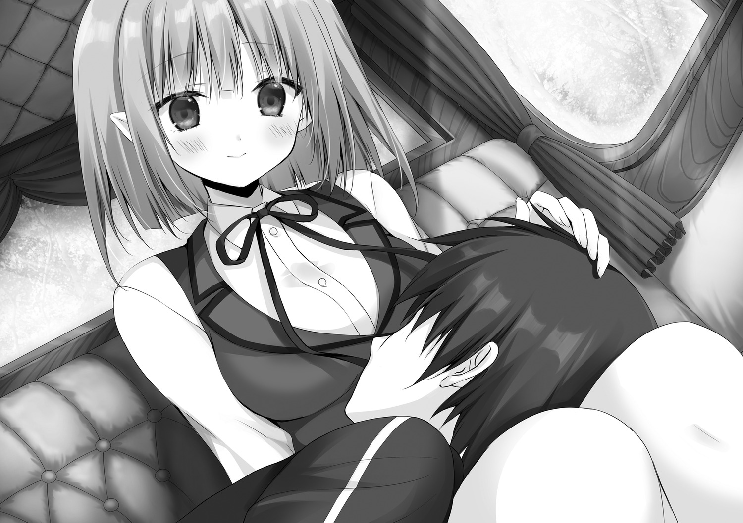 elf, elisa_griffith, hyouken_no_majutsushi_ga_sekai_wo_suberu, korie_riko, monochrome, pointy_ears, ray_white, seifuku