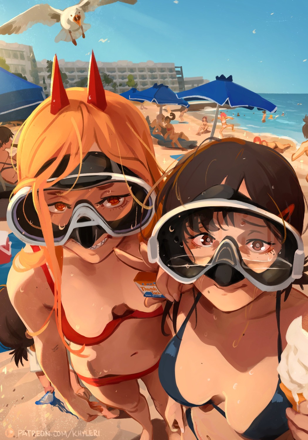 bikini, chainsaw_man, higashiyama_kobeni, horns, khyle., power_(chainsaw_man), swimsuits