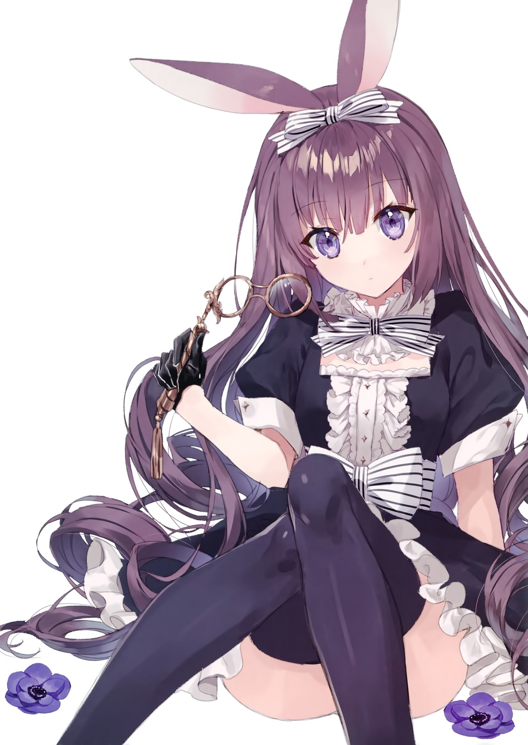 animal_ears, bunny_ears, dress, gothic_lolita, lolita_fashion, megane, polaris_cider, skirt_lift, thighhighs, yusano