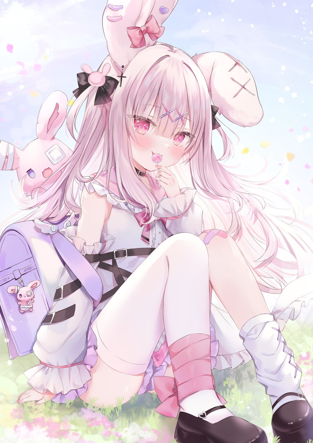 animal_ears, bandages, bandaid, bunny_ears, eyepatch, garter, indie_virtual_youtuber, rucaco