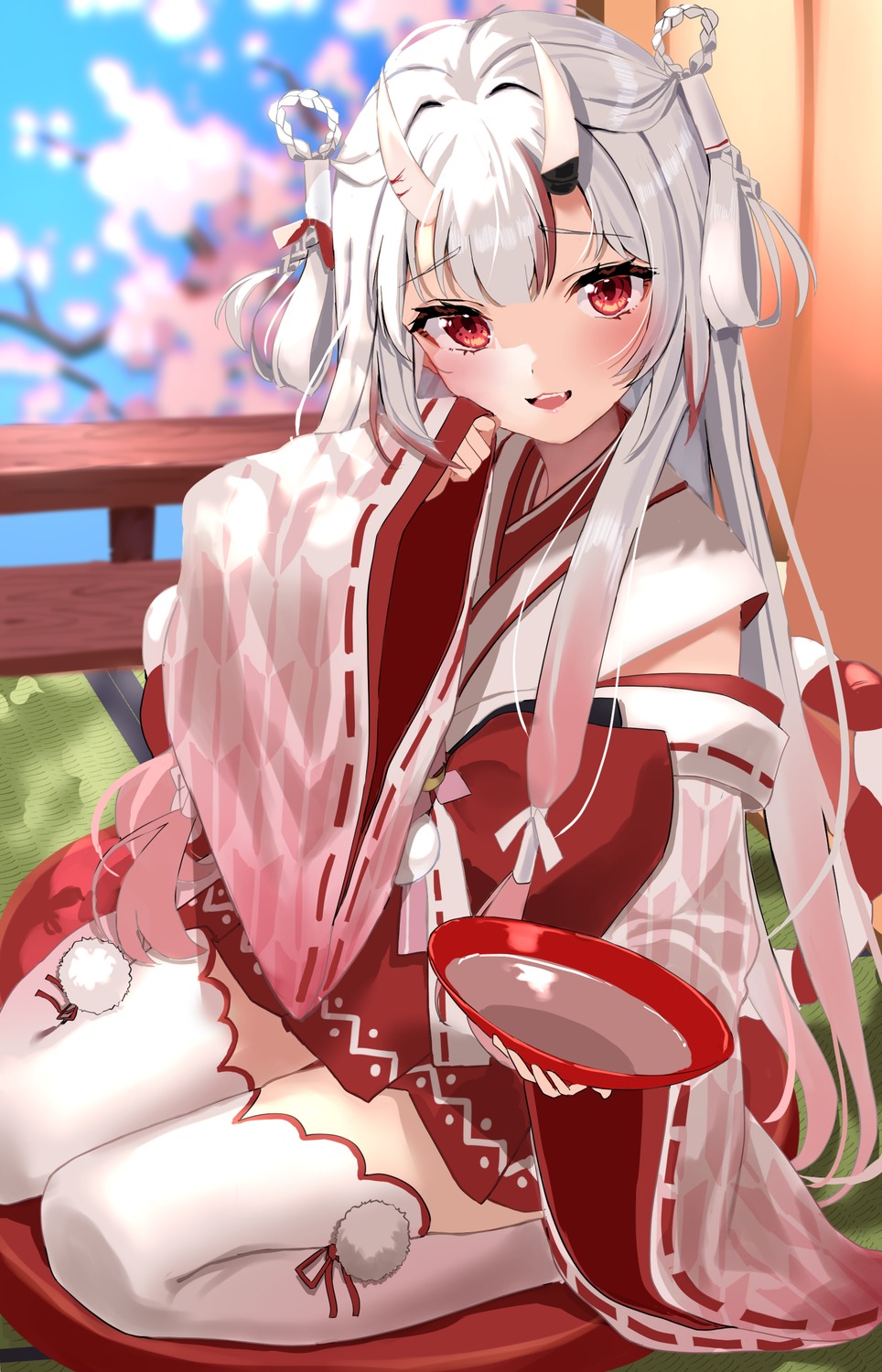 hololive, horns, japanese_clothes, nakiri_ayame, thighhighs, uuroncha