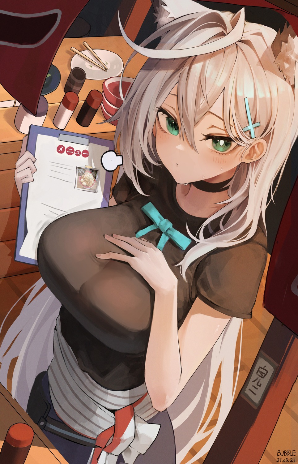 animal_ears, blue_archive, bubble99, nekomimi, sunaookami_shiroko, sunaookami_shiroko_terror, waitress