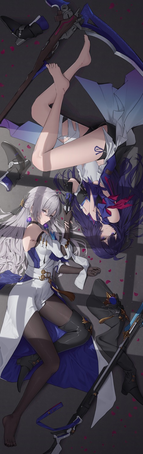 bakemonsou, bronya_rand, cleavage, dress, feet, gun, heels, honkai:_star_rail, pantsu, seele_(honkai:_star_rail), thighhighs, weapon