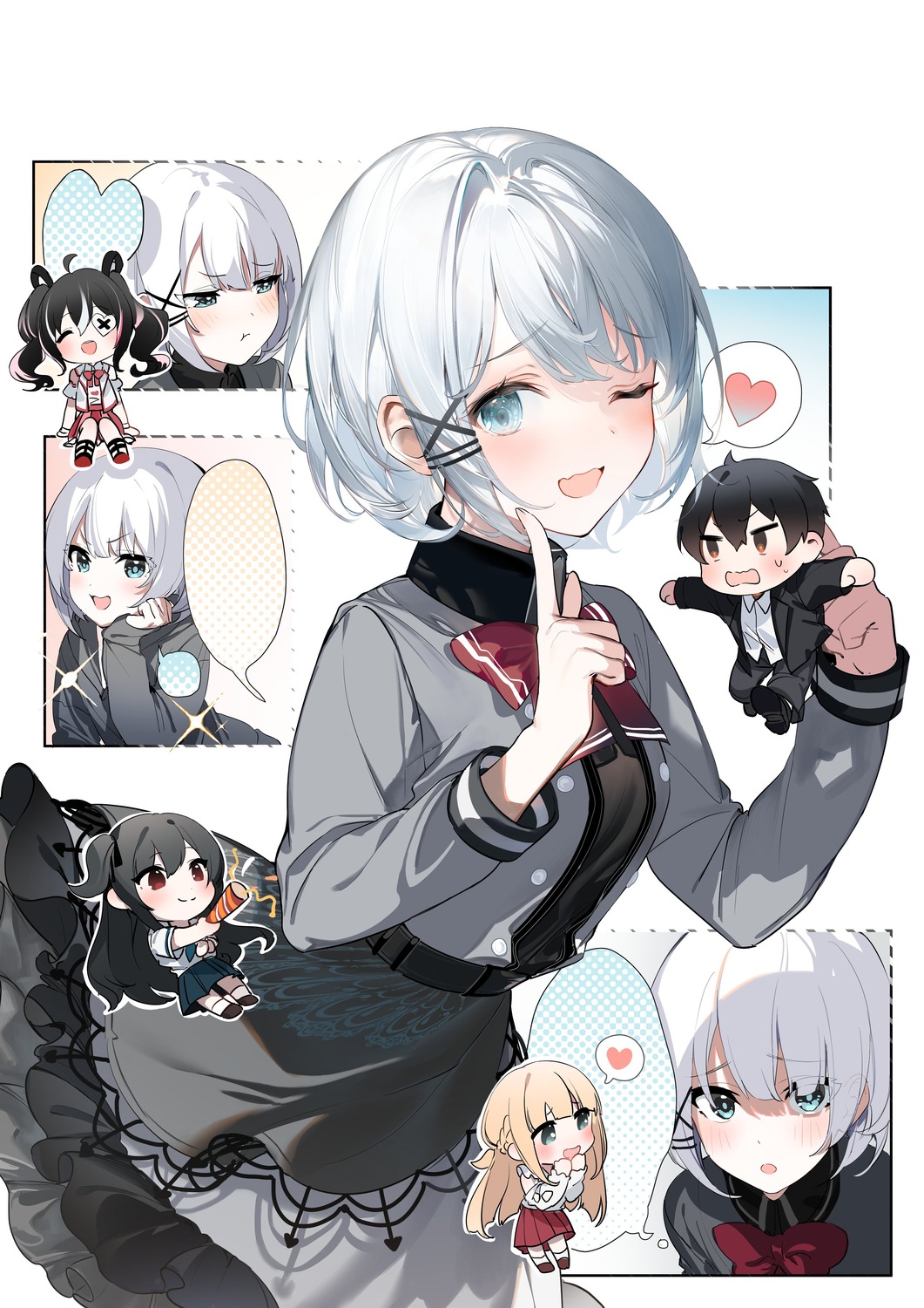 business_suit, charlotte_arisaka_anderson, chibi, dress, eyepatch, kimizuka_kimihiko, natsunagi_nagisa, saikawa_yui