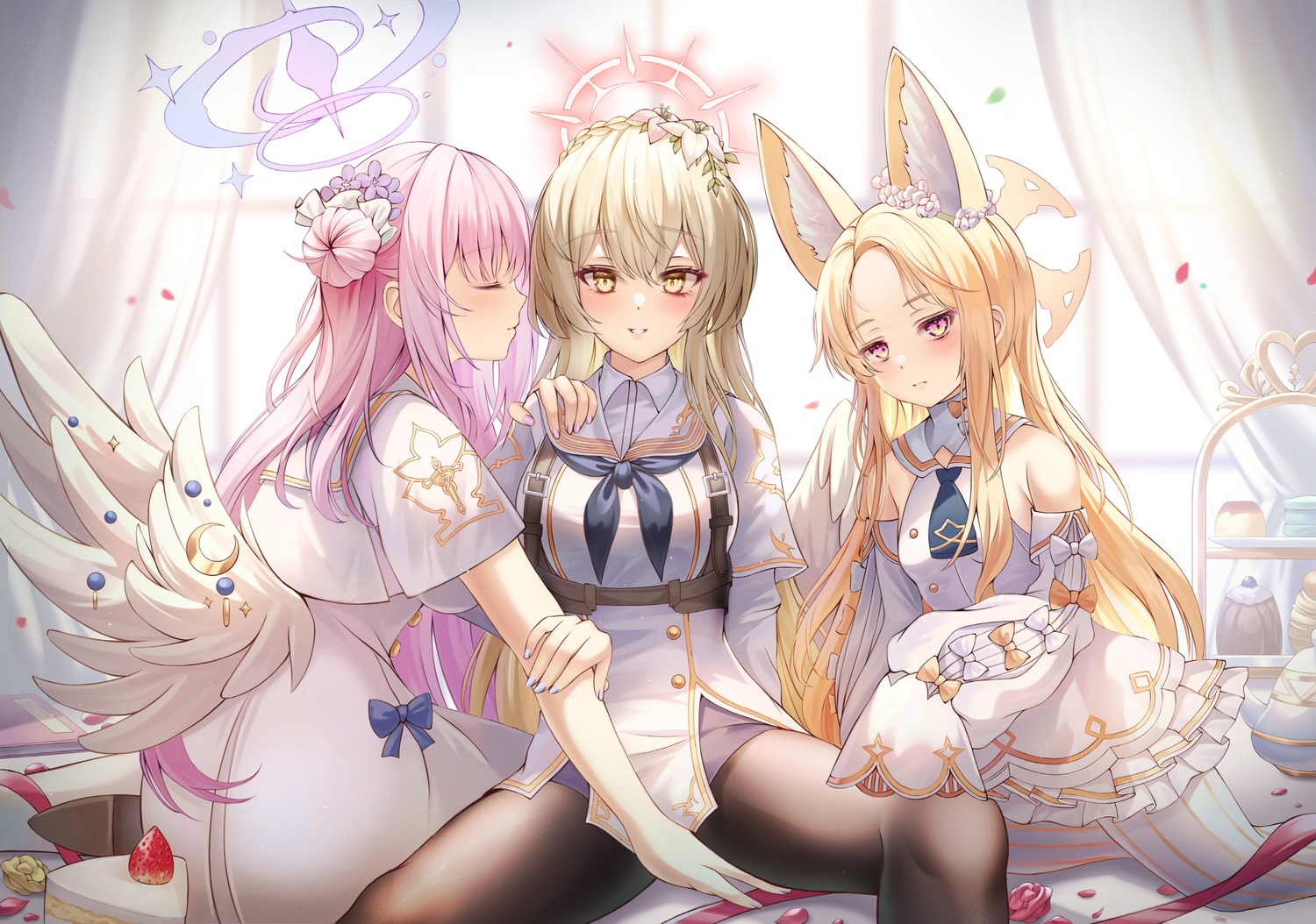 angel, animal_ears, blue_archive, bnari, dress, kirifuji_nagisa, kitsune, misono_mika