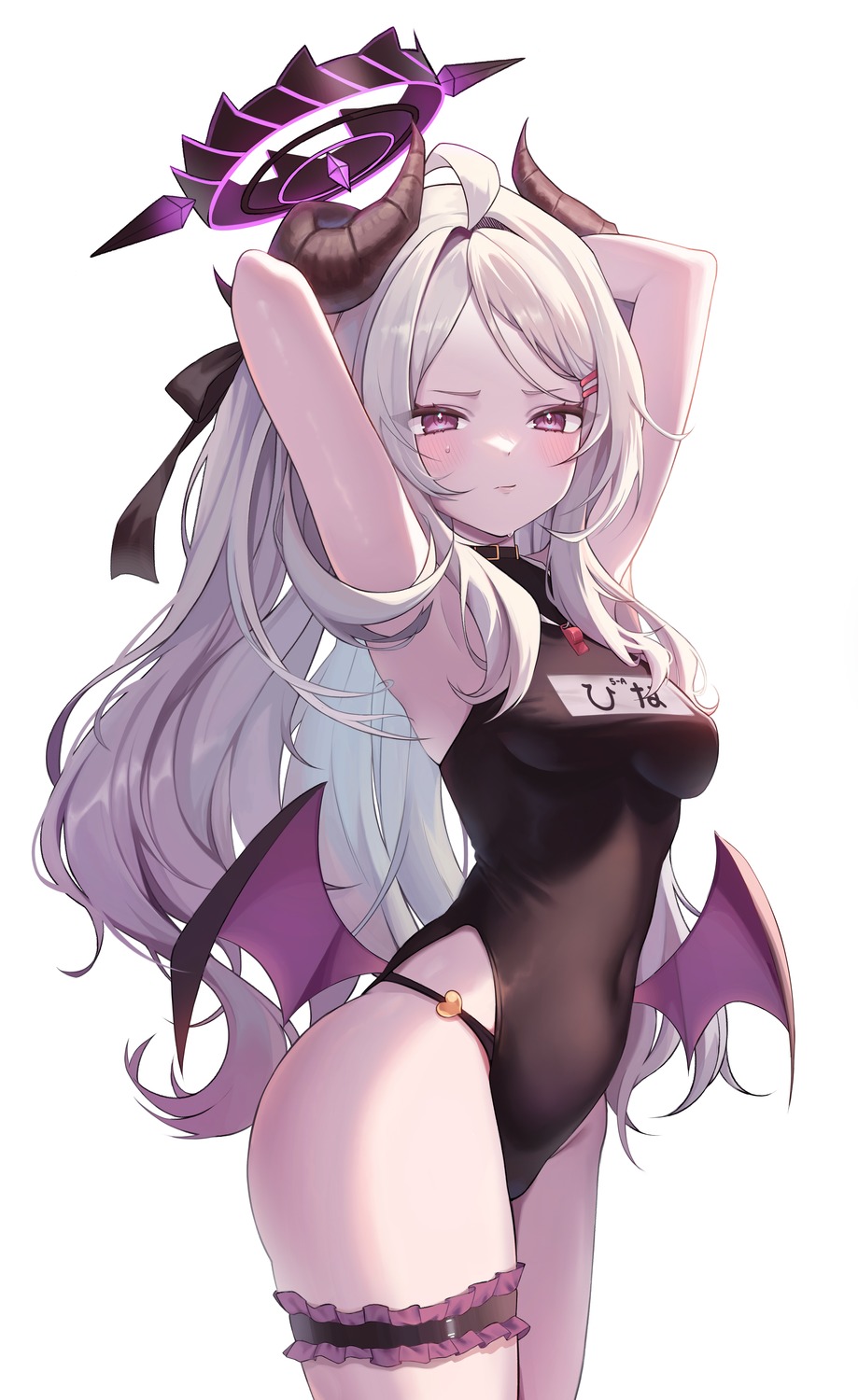 blue_archive, devil, doongdang, garter, halo, horns, sorasaki_hina, swimsuits, wings