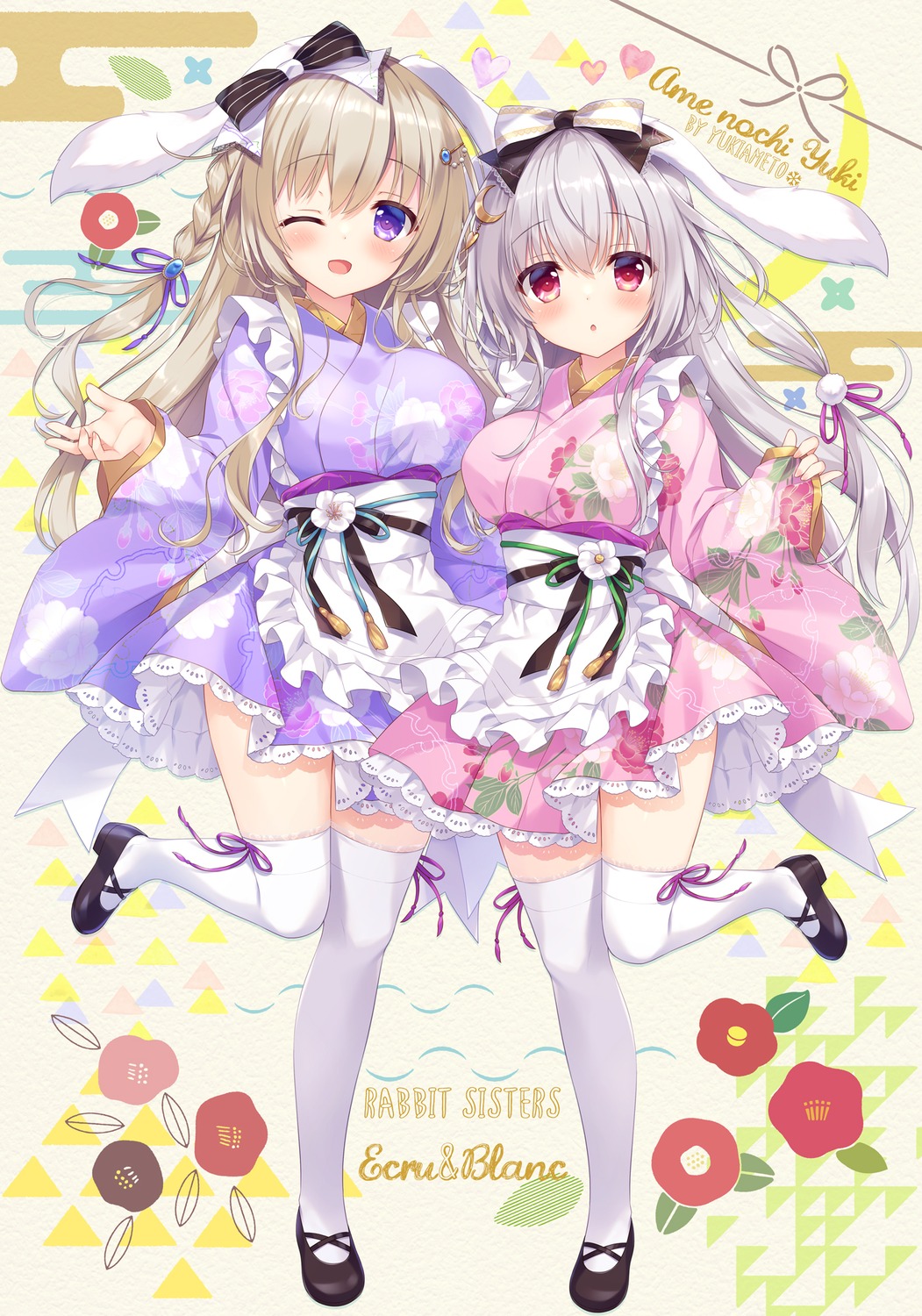 ameto_yuki, animal_ears, blanc_(ameto_yuki), bunny_ears, ecru_(ameto_yuki), maid, skirt_lift, thighhighs