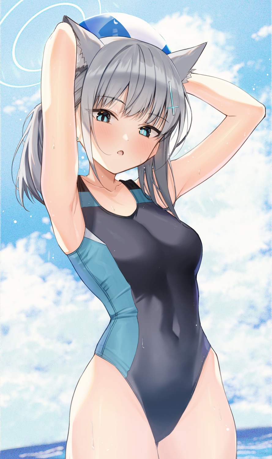 animal_ears, blue_archive, halo, misono_nasubi, nekomimi, sunaookami_shiroko, swimsuits