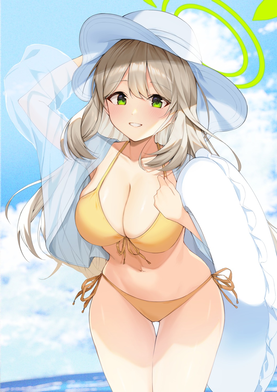 bikini, blue_archive, halo, izayoi_nonomi, misono_nasubi, open_shirt, see_through, swimsuits