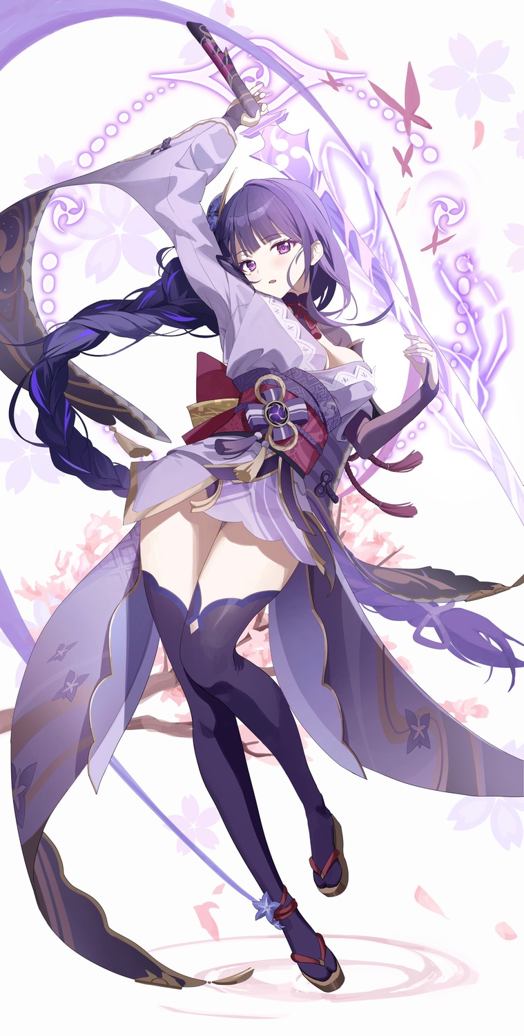 genshin_impact, japanese_clothes, nagul, raiden_shogun, sword, thighhighs