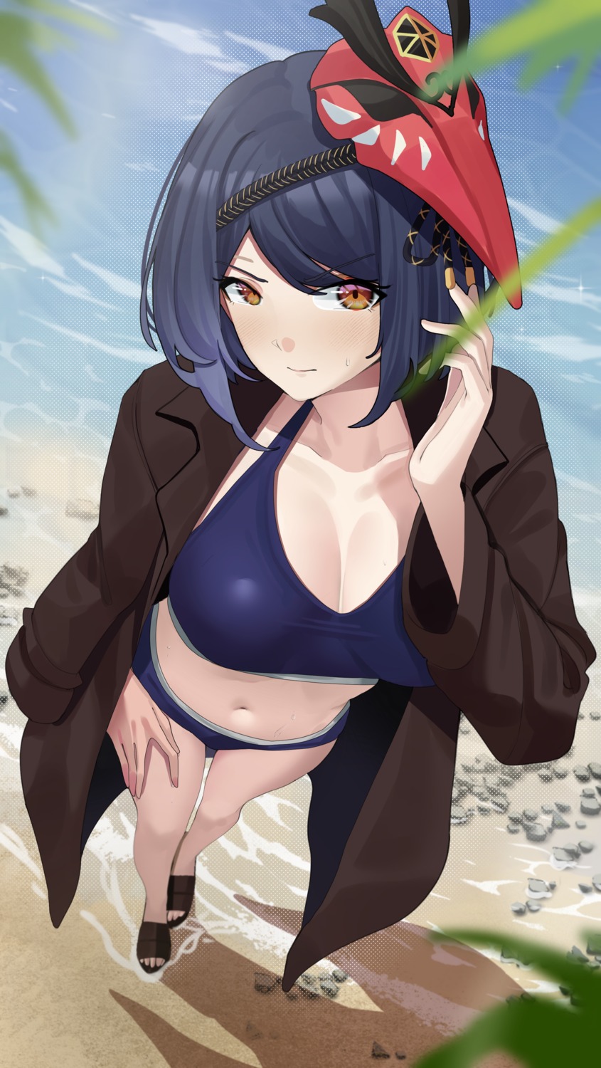 bikini, cleavage, genshin_impact, haerge, kujou_sara, open_shirt, swimsuits