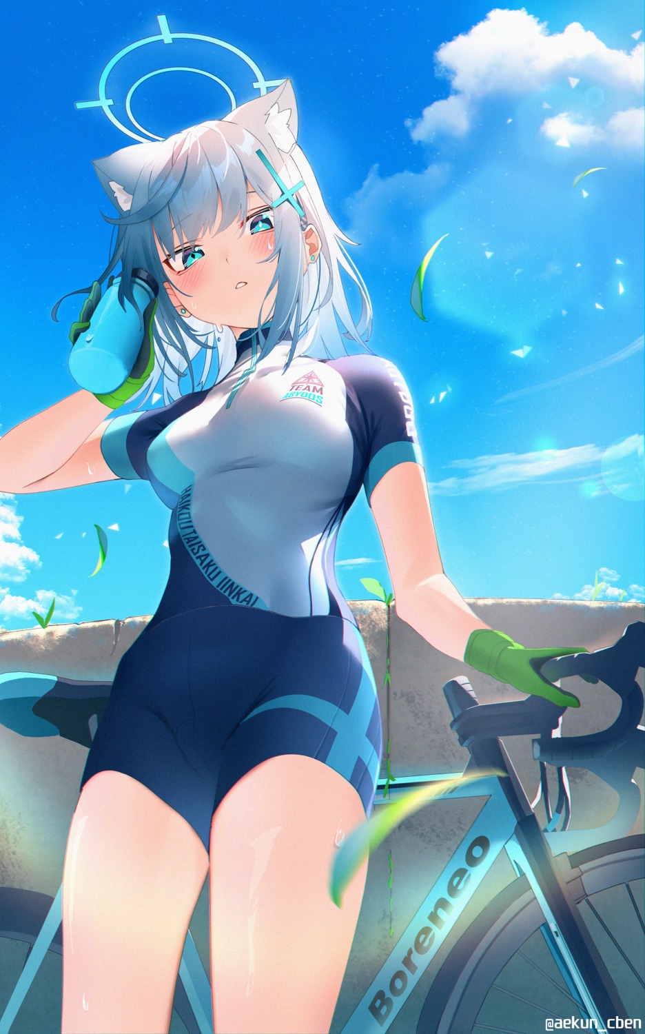 aekun_cben, animal_ears, bike_shorts, blue_archive, halo, nekomimi, sunaookami_shiroko