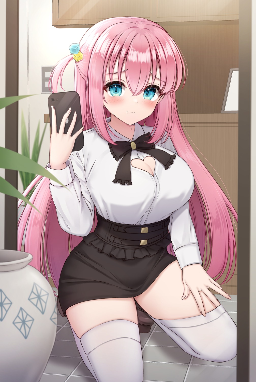bocchi_the_rock!, cleavage, gotou_hitori, selfie, skirt_lift, thighhighs, yukiunag1
