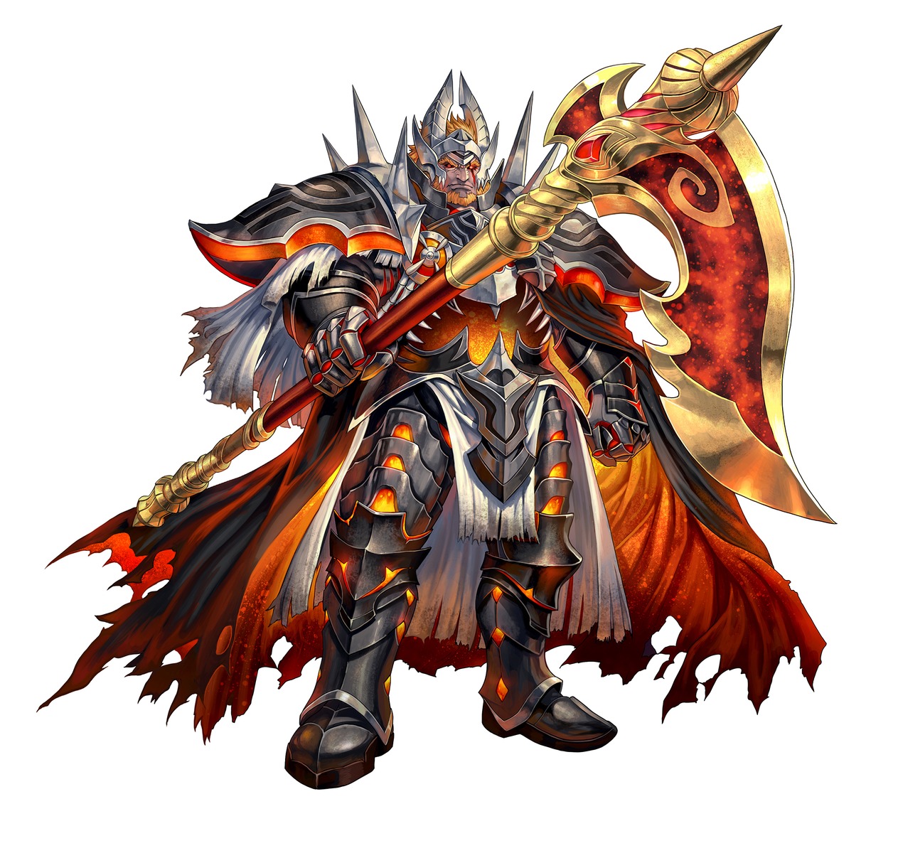 armor, fire_emblem, fire_emblem_heroes, horns, izuka_daisuke, male, nintendo, surtr_(fire_emblem), weapon