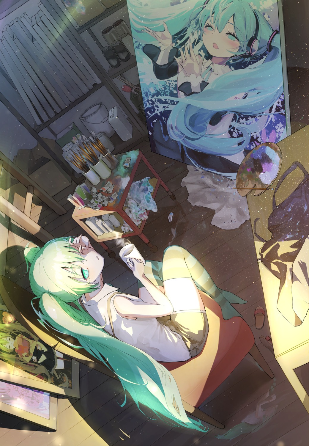 hatsune_miku, headphones, mmk, thighhighs, vocaloid